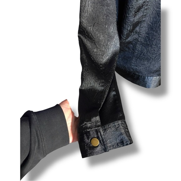 Spenser Jeremy Black Satin Long Sleeve Gold Buttons Collared Simple Chic Shirt - Picture 7 of 15